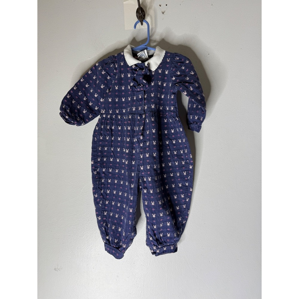 Vintage OshKosh Bgosh Baby Girl Navy Corduroy Bunny Heart Romper Jumpsuit